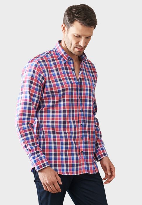 AC&Co - Chemise en Lin Bleu-Rose  Col Boutonné Décontracté