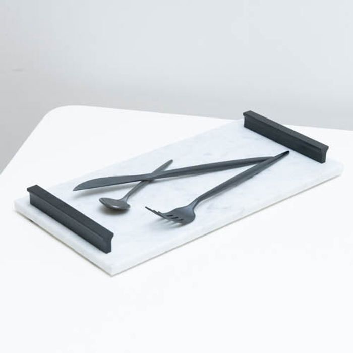 PLATEAU EN MARBRE A ANSES EN METAL 30X15CM