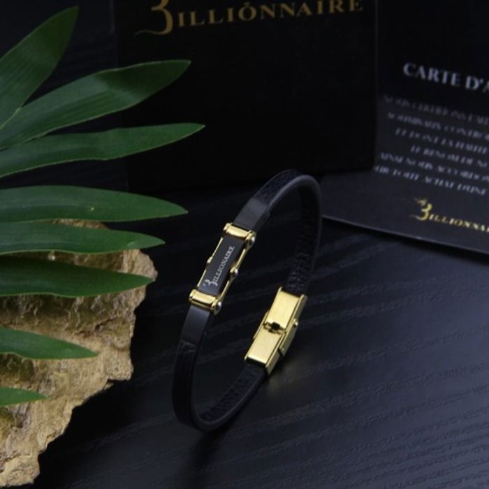 Bracelet - BILLIONNAIRE - Noir - Cuir - Acier inoxydable - 21 cm ajustable