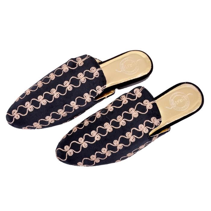 Babouche Velours Noir et Bronze Brodé