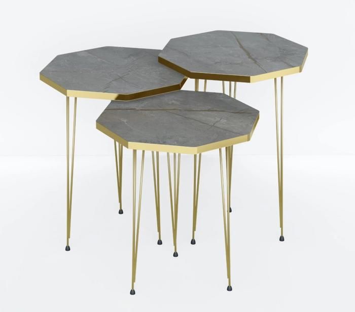 TABLE GIGOGNE HEXAGONALE SET DE 3 35X35X54 ONYX PIEDS DORE METAL