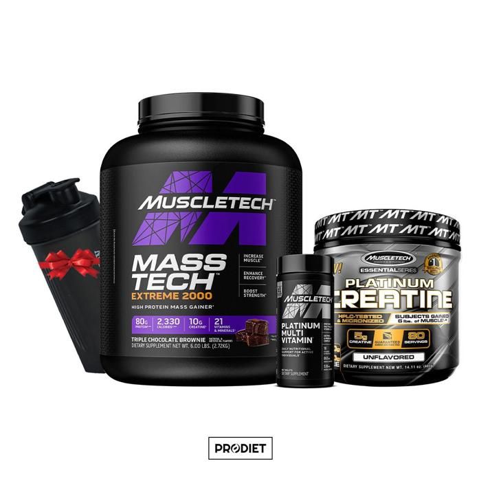Pack Prise de Poids - Masstech Extreme 2000 2,72Kg - Platinum multivitamins 90 Tabs - Platinum 100% creatine 400 G + Shaker Gratuit