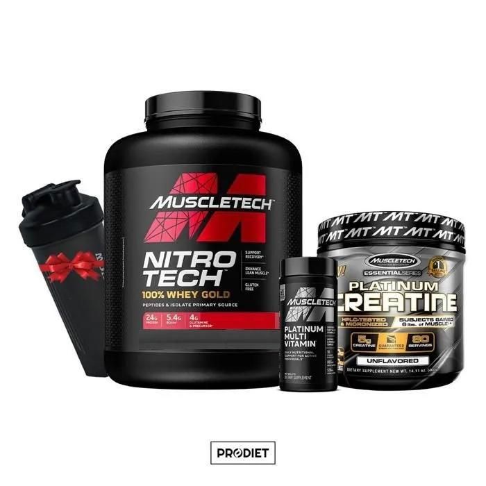 Pack Développement et Endurance-Nitrotech 2,28kg Arôme aléatoire- Platinum100% creatine400G - Platinum multivitamins 90 Tabs +Shaker