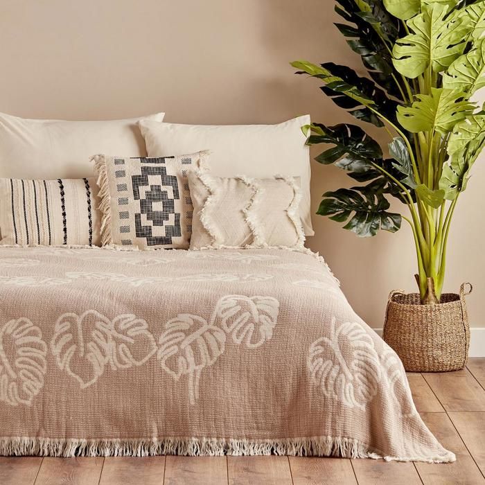 Couvre-lit simple en coton Leaf Ecru (160x200 cm)