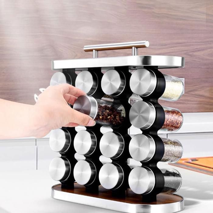 Ensemble 16 Pots Pour Assaisonnement Etagère A Epices Herbes Présentoir Portable Verre Acier Inox
