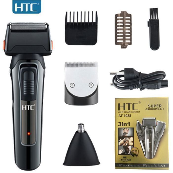 Tondeuse 3 en 1 ensemble de rasoir électrique HTC pour hommes, Rechargeable pour le nez, les cheveux et la barbe, multifonctionnel