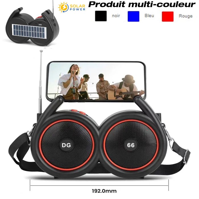 Enceinte Mini haut-parleur portable à charge solaire Lumière LED RVB sans fil USB/TF/FM/AUX/BT produit multi-couleur Noir/Bleu/Rouge
