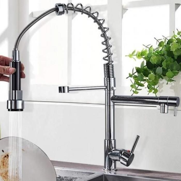 Robinet mitigeur de cuisine chromé à ressort, eau chaude et froide