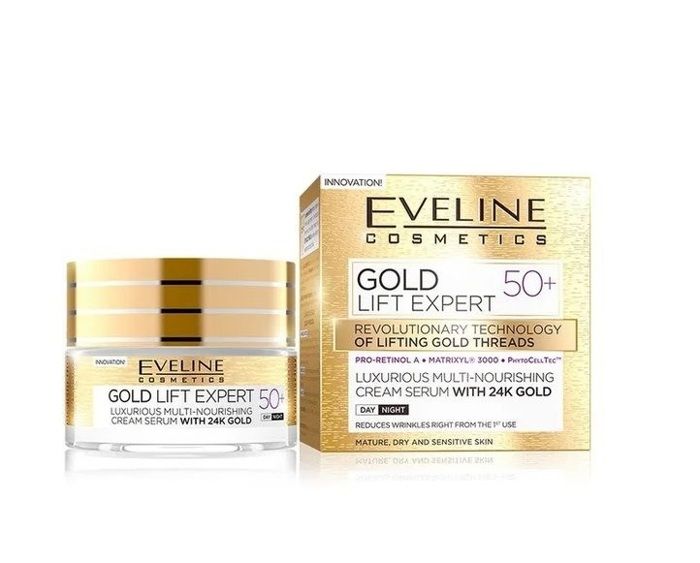 Eveline Cosmetics Crème Anti-âge, Liftant & Nourrissante a l'or 24k 50+ Peau Sèche ou Sensible jour & nuit