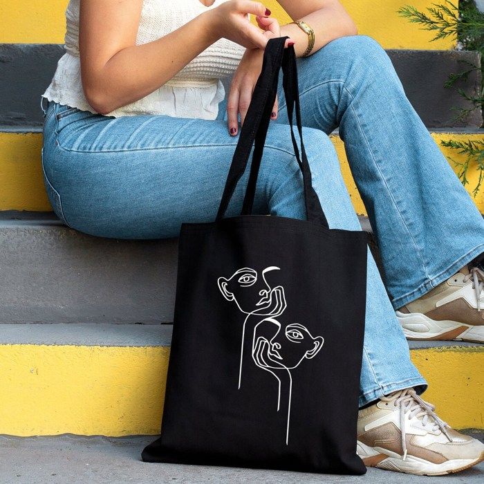 Tote Bag Noir Tissu Canvas avec motif Line Art Female Face Woman