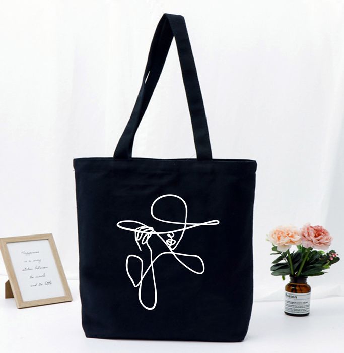 Tote Bag Noir Tissu Canvas avec motif Line Art Female Face Woman Hat Chapeau