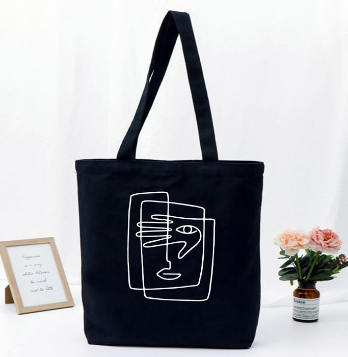 Tote Bag Noir Tissu Canvas avec motif Line Art Female Face Woman Eye and Hand