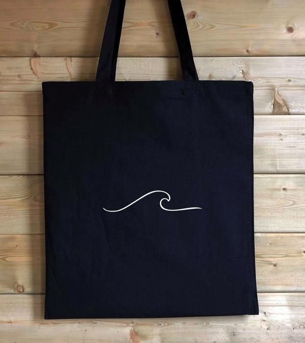 Tote Bag Noir Tissu Canvas avec motif Line Art Wave