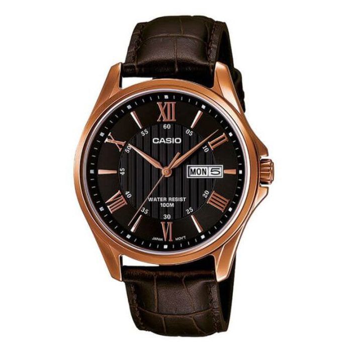 Casio Bronze cadran noir – Bracelet cuir marron – Avec dateur – MTP-1384L-1AVDF