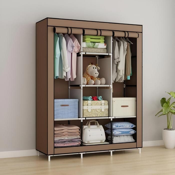 Armoire de Vêtements Portable demontable 3 Porte Marron