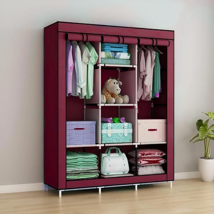Armoire de Vêtements Portable demontable 3 Porte Bordeaux
