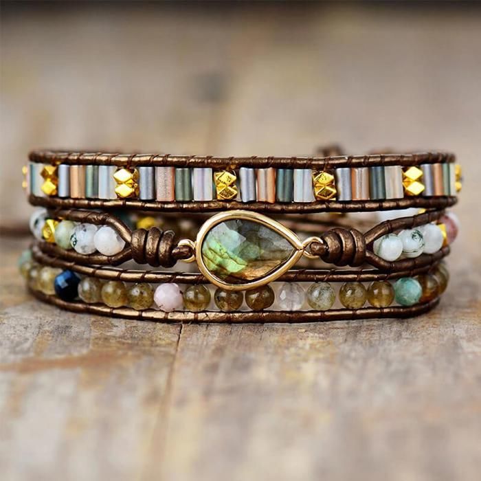 Bracelet Cuir Enroulé 3 Brins avec Strass en Labradorite