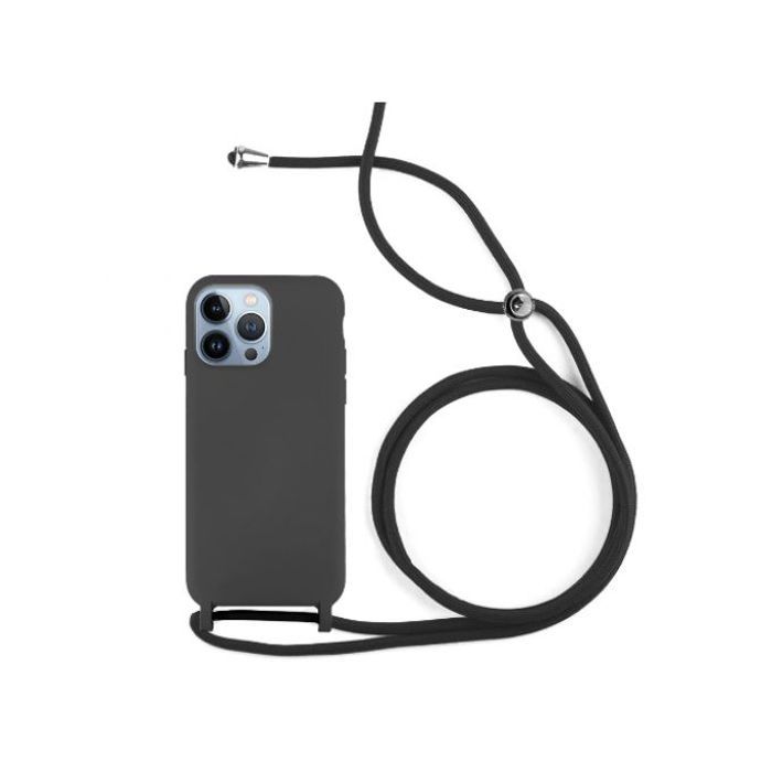 Coque Cordon pour iPhone 14 Pro Semi-rigide Lanière Tour du Cou 80cm (noir)