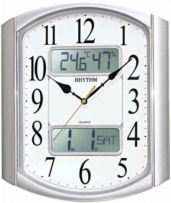 Rhythm - Pendule murale silencieuse avec température et hygrométrie / Dateur digital