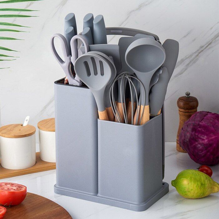 Set Ustensiles de Cuisine - Granit - 19 Pièces - Silicone - Manche en Bambou - Antiadhésif