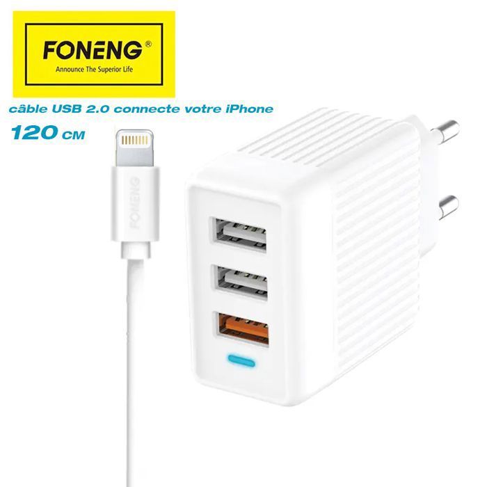 CHARGEUR Quick Charge 3.0 FAST 3 USB - Charge Rapide pour les telephone smartphone AVUC CÂBLE 120CM DE IPHONE