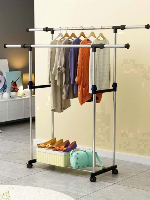 Porte Manteau Portant à Vêtement Penderie avec étagère de Rangement Chaussures Porte-Vêtements Métallique avec Double Pôle