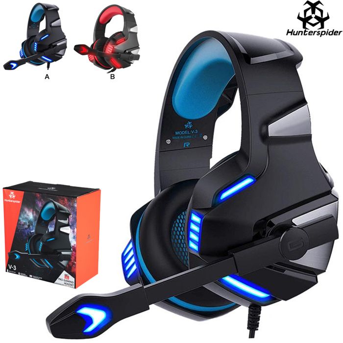 Casque Gamer Gaming VIDEO Hunterspider Casque De Jeu Stéréo Antibruit Filaire Écouteur LED Gaming Micro