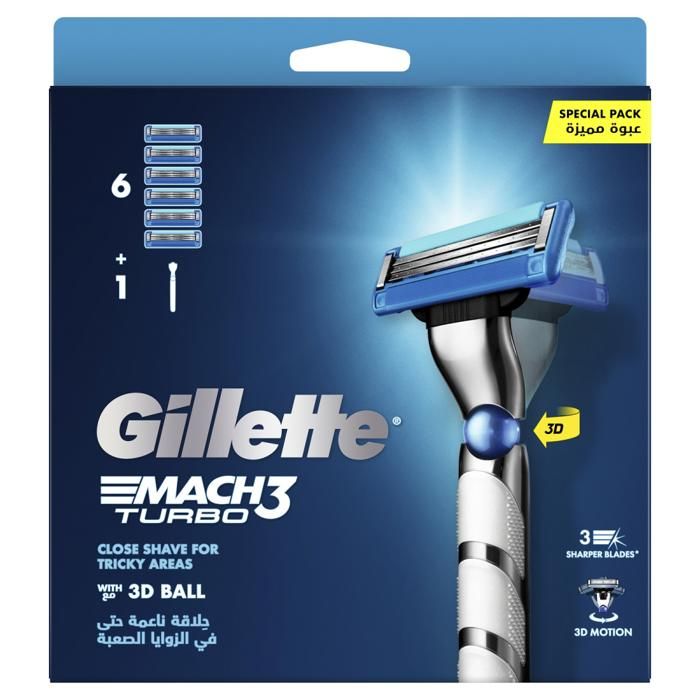 Rasoir - GILLETTE - Mach3 Turbo - 1 Manche + 7 Recharges - Lames résistantes - Rasage confortable