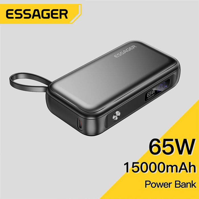 Power Bank 15000mAh, 65W PD Banque d'alimentation portable à charge rapide avec câble USB C, affichage numérique LED Téléphone Smart