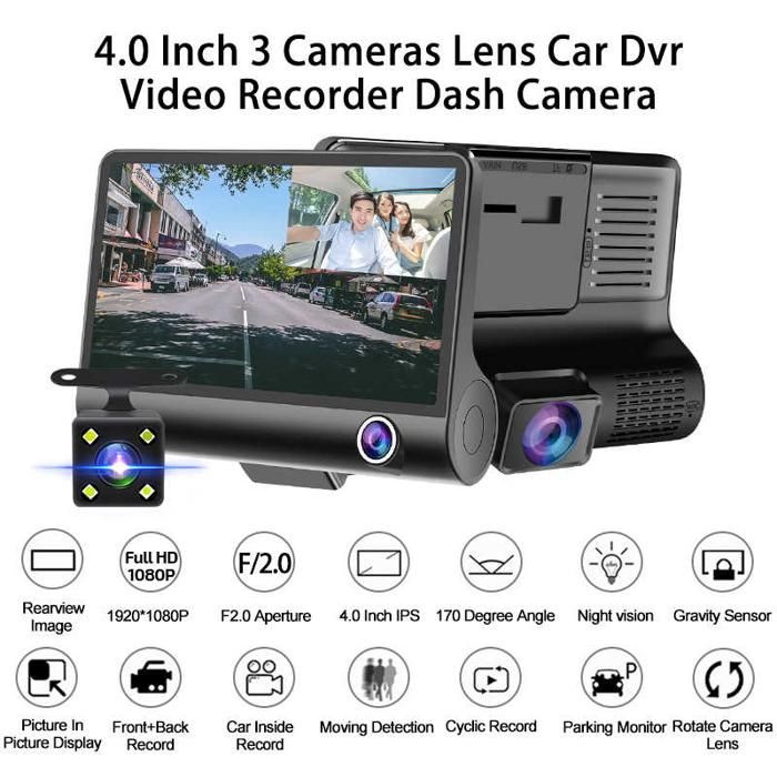4.0" DVR Voiture 3 Caméra 1080P FHD Enregistreur Vidéo Car Dash cam Cam Recorder