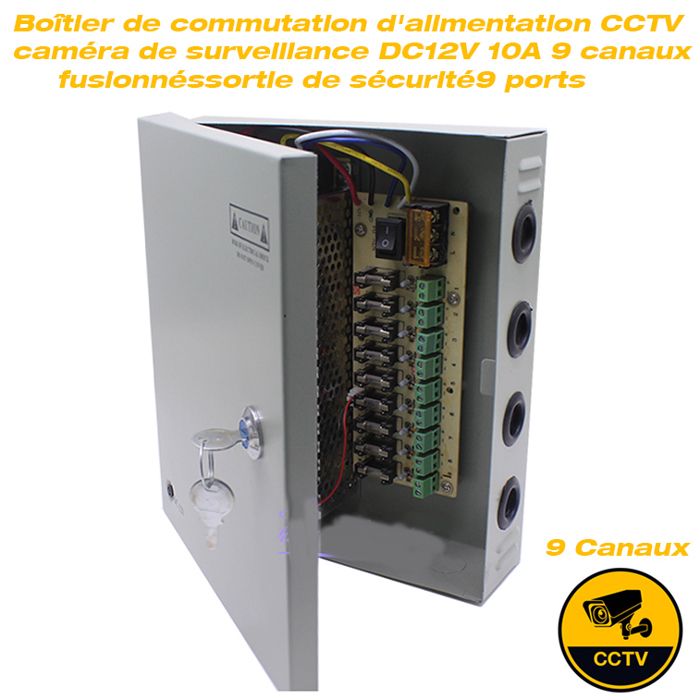 Boîtier de commutation d'alimentation CCTV pour caméra de surveillance DC12V 10A, 9 canaux fusionnés, sortie de sécurité