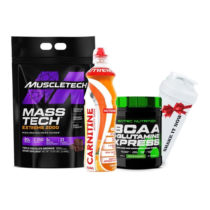 MASSTECH 2000 5,5 KG + Bcaa+Glutamine xpress 300g  +1 Carnitine activity drink Orange avec cafeine 750ml + ( Shaker Gratuit )