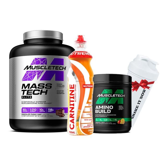 Mass-Tech Elite 2.72 Kg+ Amino Build 614g+1Carnitine activity drink Orange avec cafeine 750ml + ( Shaker Gratuit )