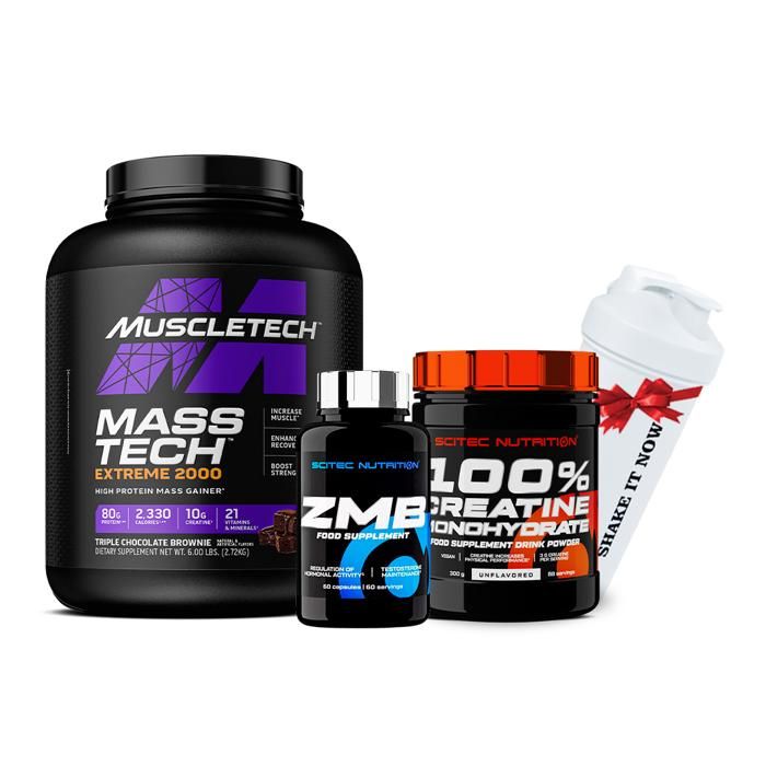 Masstech Extreme 2000 2,72Kg (Chocolat)+ 100% creatine monohydrate 300g-Scitec Nutrition + ZMB 60 caps + ( Shaker Gratuit )