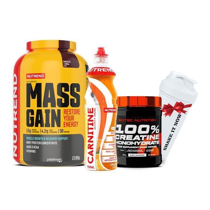 Mass Gain 2,100kg + 100% creatine monohydrate 300g- + 1 Carnitine activity drink avec cafeine 750ml + ( Shaker Gratuit )