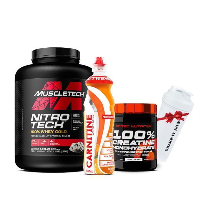 Nitrotech 100%Whey Gold 2,28kg + 100% creatine monohydrate 300g +1 Carnitine activity drink avec cafeine 750ml