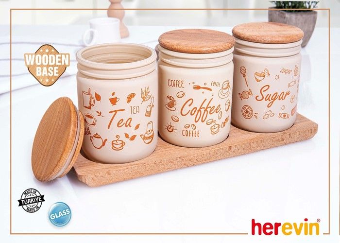 Bocal a couvercle en bois beige/ marron  446cc motif  tea/coffee/suger