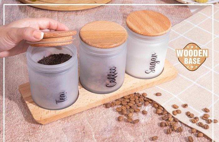 Bocal a couvercle en bois motif tea/coffee/suger 446cc