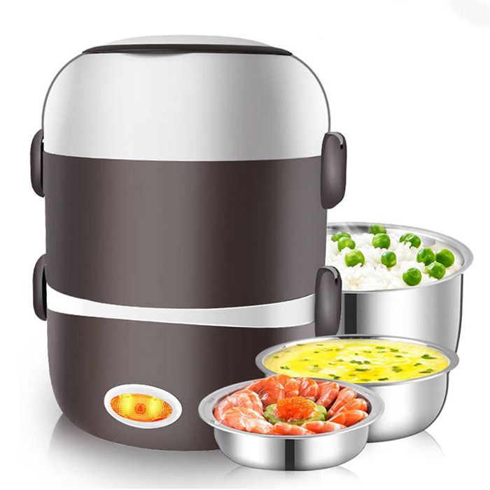 Mini boîte à lunch électrique en acier inoxydable chauffage thermique cuiseur vapeur à 3 couches 200W 2L (sans emballage)