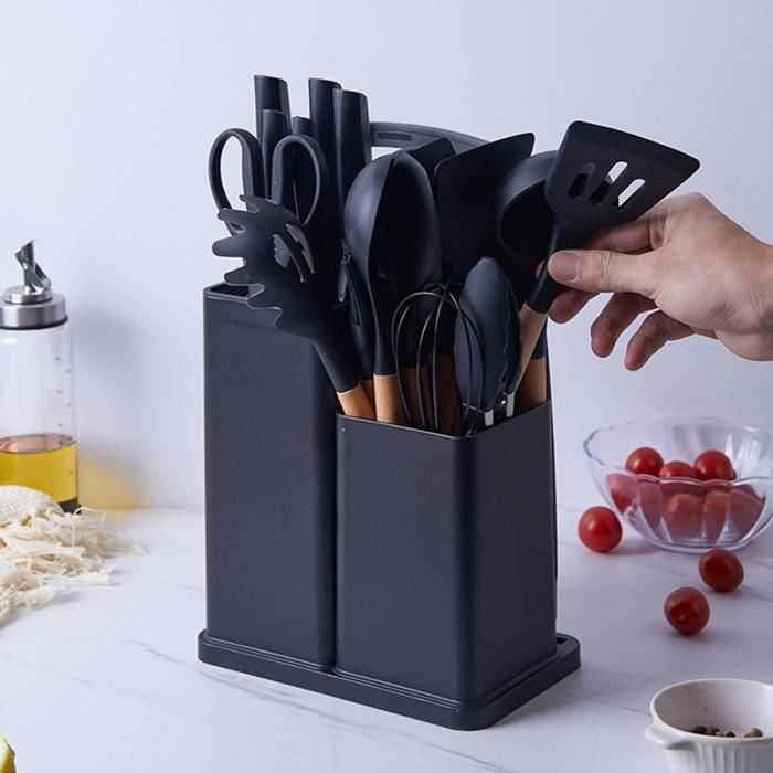 Set Ustensiles De Cuisine En Silicone Avec Manche En Bambou Durable Et Couteaux Ensemble De 19 Pièces Antiadhésifs Avec Support