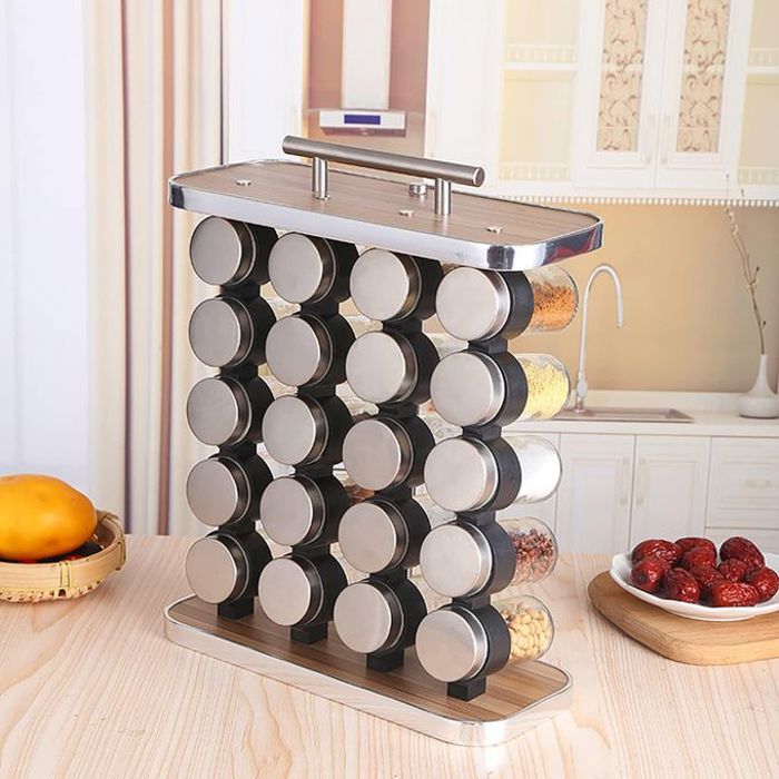 Pots à Epices Pour Assaisonnement Set de 20 Récipients En Verre Avec Support Etagère Herbes Aromatiques Présentoir Portable