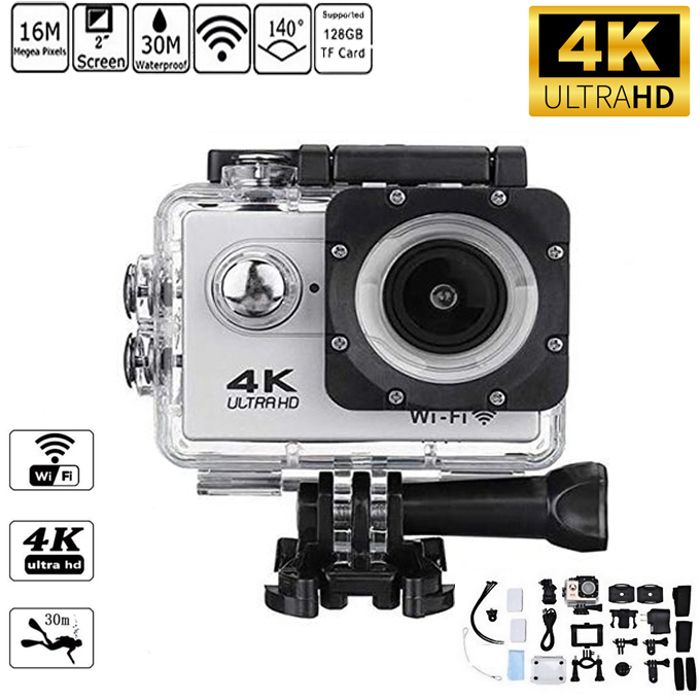 Mini Caméra d'Action Sports 4K 1080P/30FPS WiFi 2.0 Pouces 170D, Étanche, Sous-Marine, Statique, pour le dehors et l'Extérieur