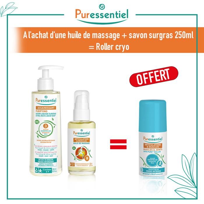 Huile de massage Bio 100ml + Savon liquide surgras  ) = Puressentiel articulation et muscles roller cryo OFFERT
