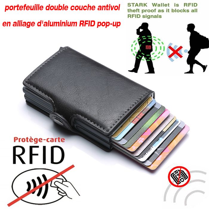 Portefeuille en cuir PU Porte-carte d'identité anti RFID, porte carte capacité 14, porte-monnaie , Double boîte en aluminium unisexe