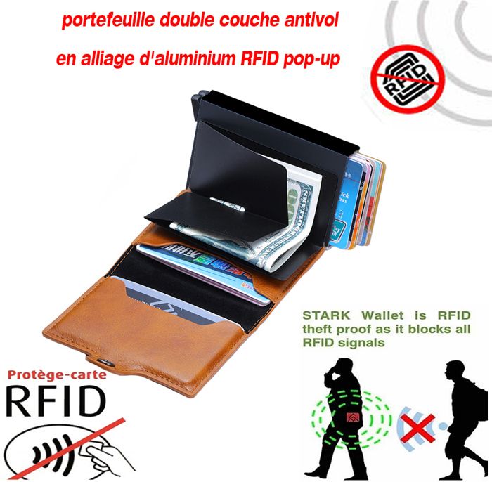Portefeuille en cuir PU Porte-carte d'identité anti RFID, porte carte capacité 14, porte-monnaie , Double boîte en aluminium unisexe