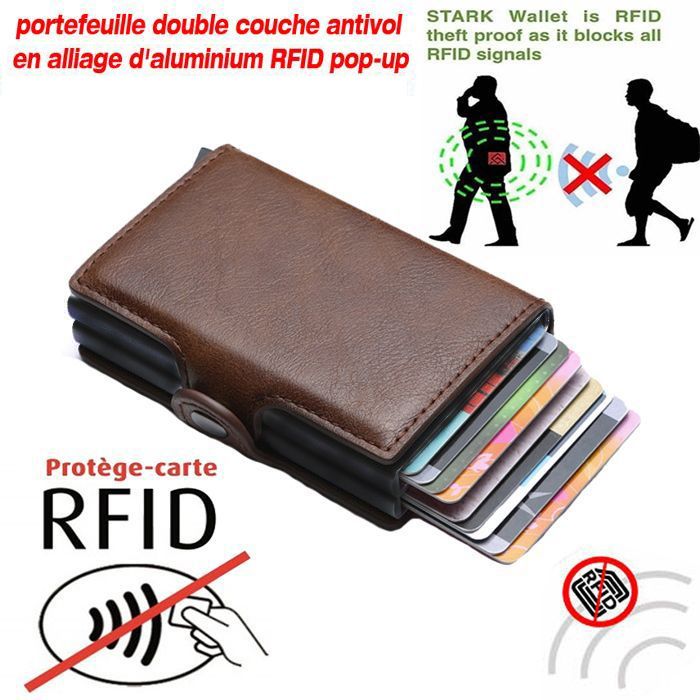 Portefeuille en cuir PU Porte-carte d'identité anti RFID, porte carte capacité 14, porte-monnaie , Double boîte en aluminium unisexe