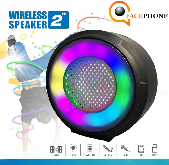 Petit haut-parleur Bluetooth rond lumineux à flamme colorée microphone de carte à bouton portable BT/USB/TF/FM/LED/AUX/TWS