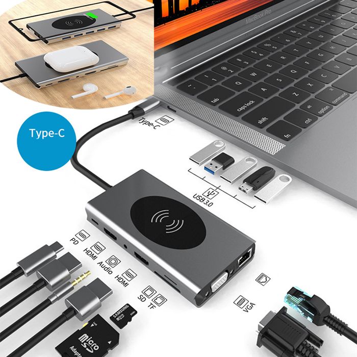 14 en 1 Station d'accueil Hub Type-C vers 2 * HDMI + VGA + USB3.0 * 5 + SD + TF + RJ45 + PD + AUDIO 3.5 + chargement sans fil 10 W
