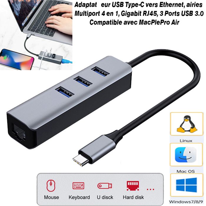 Adaptateur USB Type-C vers Ethernet LAN RJ45 1000Mbps Carte Réseau Filaire 3 Ports USB3.0 HUB pour Macbook Ordinateur Portable PC