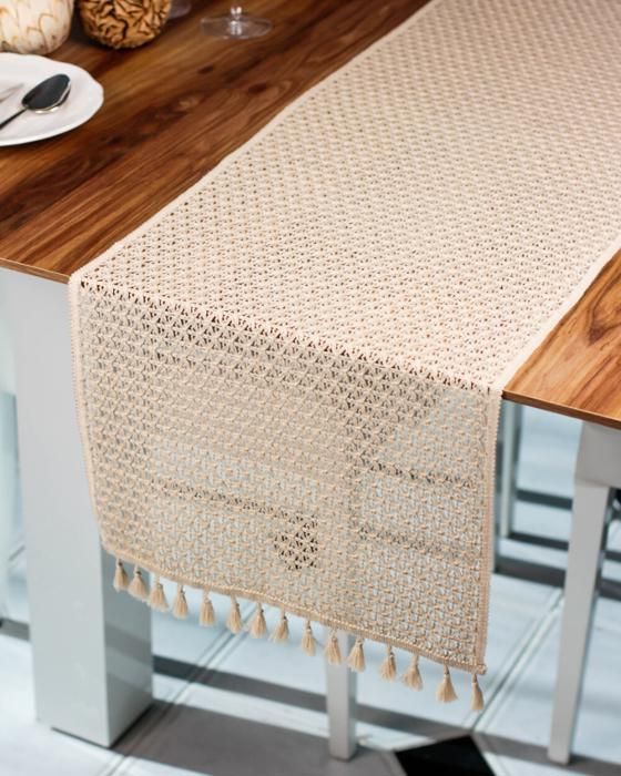 Chemin de Table en fil de coton, tricot ajouré à pampilles, mesure 35x155 cm